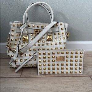 Michael Kors Large White and Gold Studded Handbag and Wallet Set